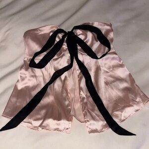 Pink Satin Strapless Top with Black Bow